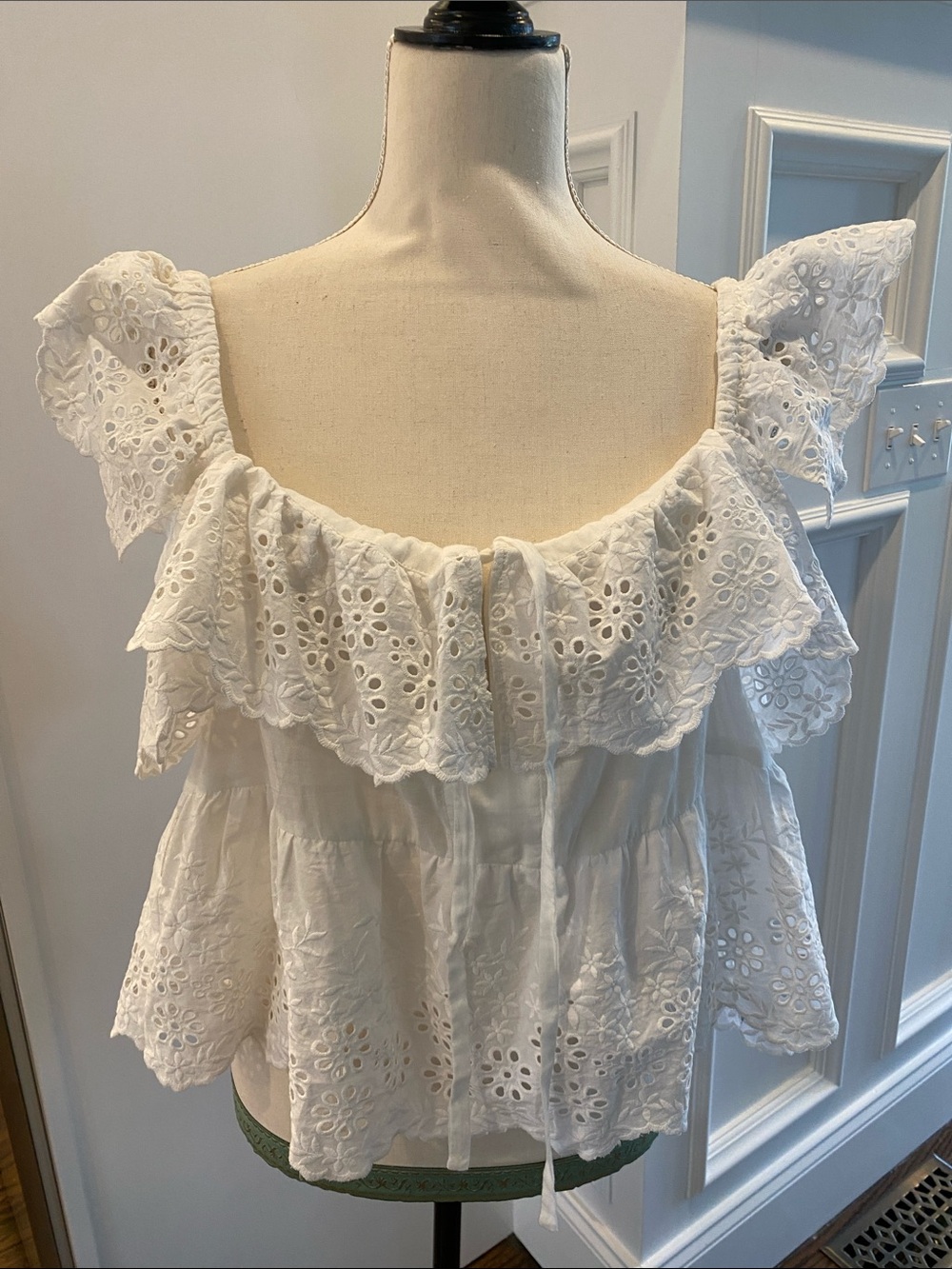 White Eyelet Ruffle Peasant Top - Women's